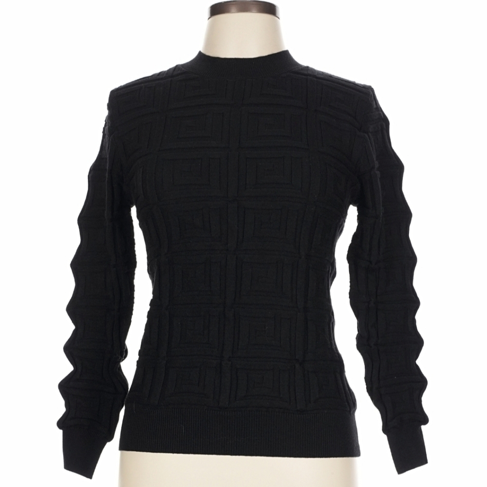 Black Textured Geometric Crew Mock Neck Sweater Large Turtleneck